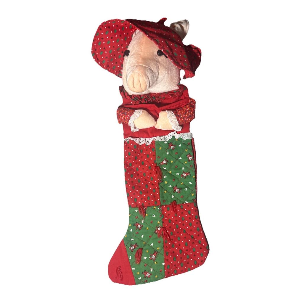 Vintage Smithy Plush Pig Christmas Stocking 18 in Quilted Red Green 80s 90s